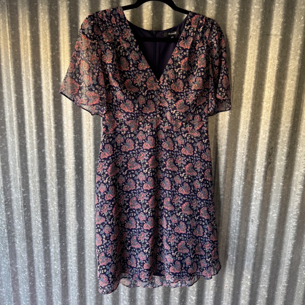 Madewell Womens Purple Floral Flutter Sleeve V-Neck Chiffon Dress Size 4 small